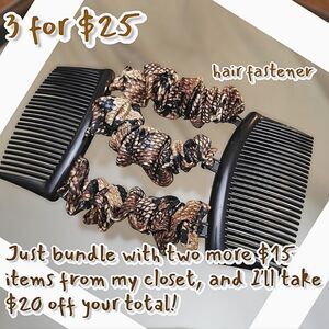 Vtg Y2K brown snake print double comb faux silk scrunchie hair fastener